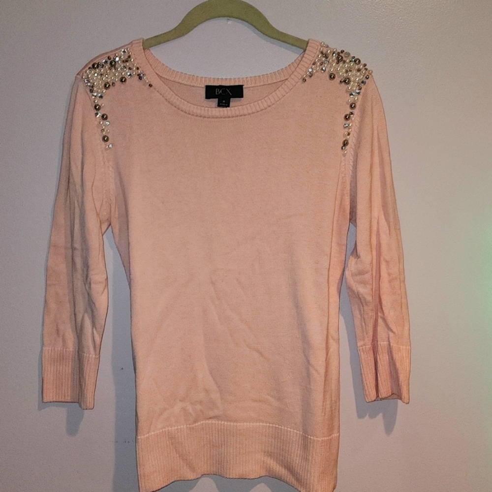 Pink Pearl & Diamon Embellished Shoulder  3/4 Sleeve Sweater